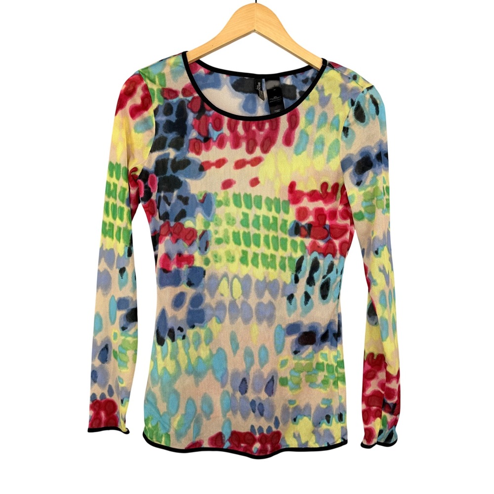 Vintage Y2K Bisou Bisou Mesh Top Women M Multi Color Abstract Long Sleeve Tee